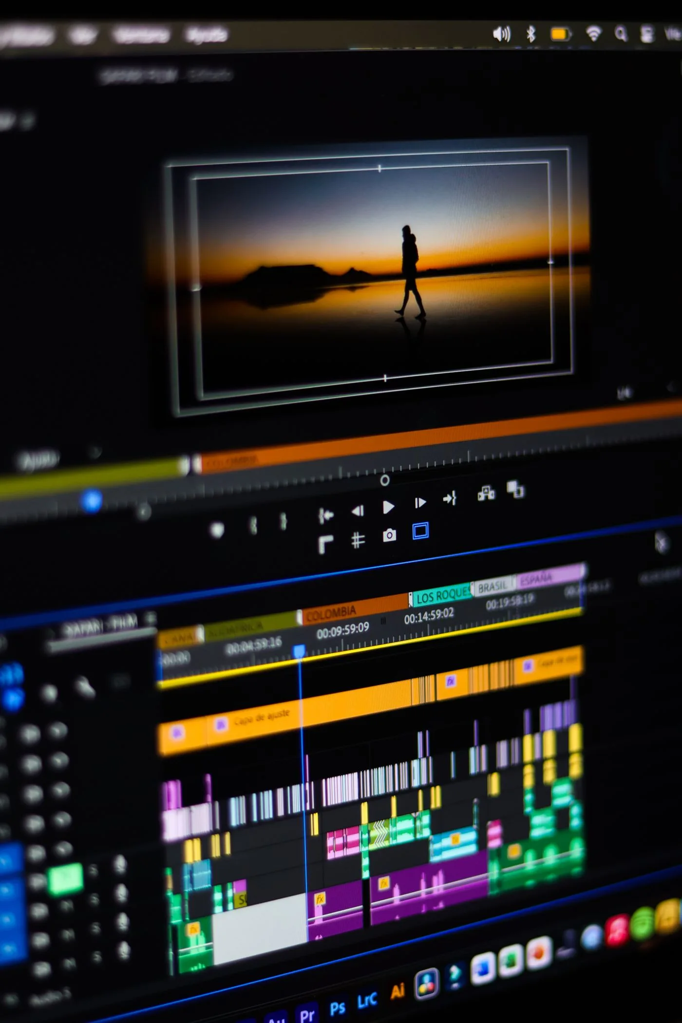 Zeitleiste einer Videobearbeitung auf einem Monitor